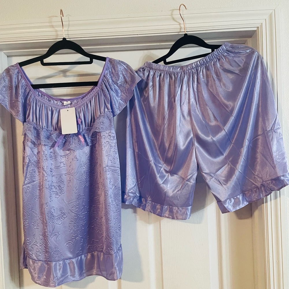 Lavender Satin Floral Jacquard Two-Piece Sleep Set